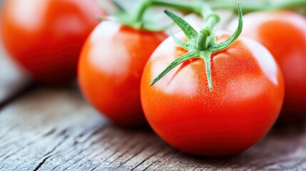 Aufkleber - Close-up of three ripe red tomatoes on a rustic wooden surface, still attached to the vine, showcasing their vibrant color and texture. : Generative AI