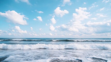 Poster - Serene ocean waves gently rolling onto a sandy beach under a bright, partly cloudy sky, a picturesque summer seascape. : Generative AI