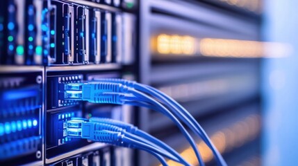 Poster - Close-up of fiber optic cables connected to a server rack in a modern data center, glowing blue lights illuminate the network infrastructure. : Generative AI