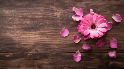 Poster - Pink gerbera daisy with scattered petals on dark brown wooden surface, creating a romantic and delicate floral arrangement. : Generative AI