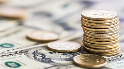 Poster - A stack of gold coins rests on a bed of US dollar bills, showcasing financial concepts like wealth, savings, and investment. : Generative AI
