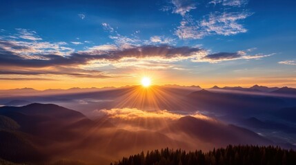 Aufkleber - Majestic sunrise over a vast mountain range, golden sunlight rays piercing through clouds and illuminating the landscape, creating a breathtaking panorama. : Generative AI