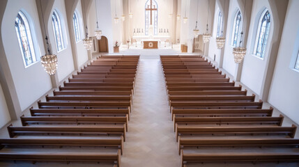 Poster - Empty wooden pews in a modern church sanctuary, sunlight streaming through stained glass windows, illuminating the aisle and altar. : Generative AI