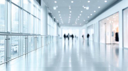 Aufkleber - Modern glass railing overlooking city skyline in a bright, spacious hallway with blurred pedestrians, conveying a sense of calm and efficient movement. : Generative AI