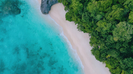 Poster - Aerial view of a secluded tropical beach with turquoise water, white sand, and lush green vegetation bordering the shore, offering a serene and idyllic escape. : Generative AI