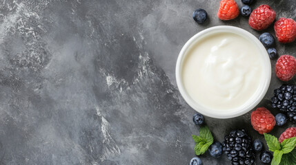 Aufkleber - A bowl of creamy yogurt is surrounded by fresh raspberries, blueberries, and blackberries on a dark gray textured surface.  Perfect for healthy eating or breakfast concepts. : Generative AI
