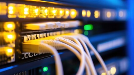 Fototapete - Close-up of network cables plugged into a server's ports, glowing orange lights illuminate the connections, showcasing modern data center technology. : Generative AI