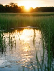 Leinwandbilder - Serene sunset over a tranquil marsh, reflecting golden light on calm water, tall grasses swaying gently in the evening breeze.  A peaceful, idyllic scene. : Generative AI