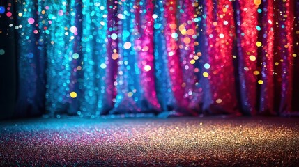 Fototapete - Glittering bokeh backdrop with vibrant blue, pink, and red lights illuminating a gold glitter surface, perfect for celebratory designs. : Generative AI