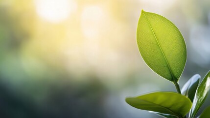 Aufkleber - A single, vibrant green leaf illuminated by sunlight, showcasing intricate vein details against a softly blurred natural background. : Generative AI