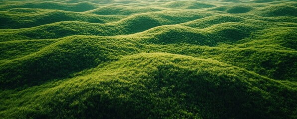 Poster - Aerial view of rolling green hills, lush grass texture, vibrant emerald tones under soft sunlight, creating a serene and peaceful landscape. : Generative AI