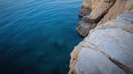 Poster - A high-angle view showcases a dramatic coastline where light-grey rocks meet a deep blue sea, creating a stunning contrast of textures and colors. : Generative AI