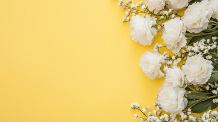 Poster - Elegant white peonies and baby's breath blossoms arranged on a vibrant yellow background, creating a fresh and cheerful floral border. : Generative AI