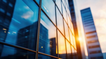Poster - Modern glass skyscraper reflecting sunset, showcasing architectural details and urban cityscape at golden hour.  The image depicts a contemporary business district. : Generative AI
