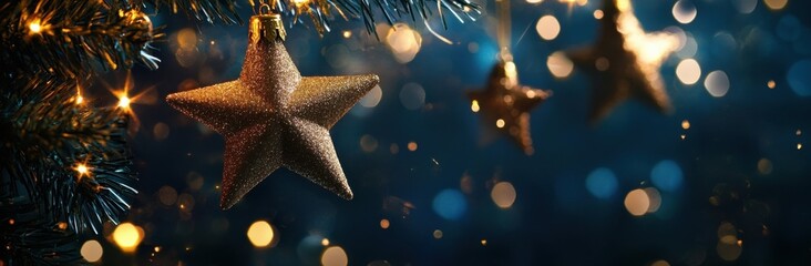 Poster - A glittering gold star ornament hangs on a christmas tree branch, illuminated by warm fairy lights against a deep blue bokeh background. : Generative AI