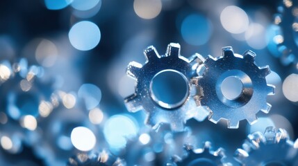 Aufkleber - Closeup of Interlocking Metallic Gears Against a Blue Bokeh Background, Symbolizing Teamwork and Precision Engineering. : Generative AI
