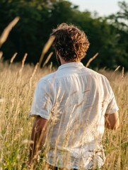 Aufkleber - A man with curly brown hair walks through a tall grass field at sunset, his back to the camera, wearing a light beige linen shirt. : Generative AI