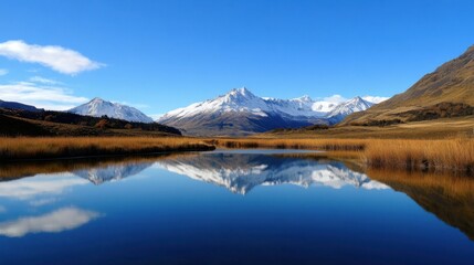 Poster - Serene mountain lake reflecting snow-capped peaks under a vibrant blue sky, tranquil autumnal landscape with golden reeds. : Generative AI