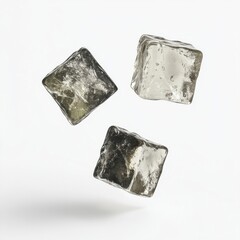 Poster - Three translucent ice cubes levitate against a stark white backdrop, showcasing their crystalline structure and subtle shadows.  The image offers a refreshing, clean aesthetic, ideal f : Generative AI