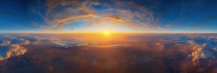 Poster - Aerial view of a breathtaking sunset over a landscape of clouds and land, showcasing vibrant orange and blue hues in the sky. : Generative AI