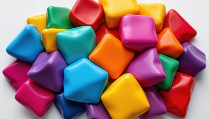 a collection of small, colorful objects that resemble puzzle pieces. these pieces are arranged in a pattern and fill the frame, creating an array of bright colors and varied shapes