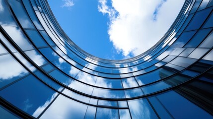 Aufkleber - Curved glass facade of a modern skyscraper reflecting a bright blue sky and fluffy white clouds, showcasing architectural design and urban landscape. : Generative AI