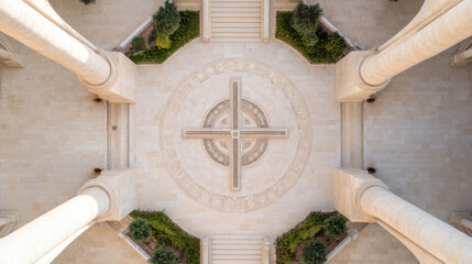Aufkleber - Aerial view of a stone courtyard featuring a large, ornate cross at its center, surrounded by columns and meticulously landscaped greenery. : Generative AI