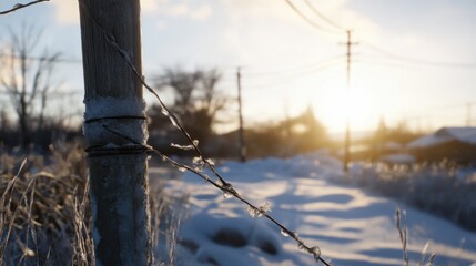 Aufkleber - Frozen barbed wire clings to a snow-covered wooden post at sunset, a rural winter scene with houses in the background. : Generative AI