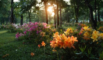 Poster - Sunset illuminates vibrant orange and pink azaleas blooming in a lush green park, creating a serene and colorful natural scene. : Generative AI