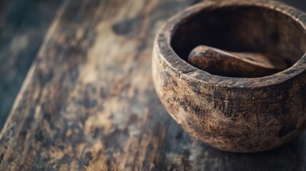 Leinwandbilder - Close-up of a rustic, dark brown wooden mortar and pestle resting on a weathered wooden surface, showcasing its aged texture and craftsmanship. : Generative AI