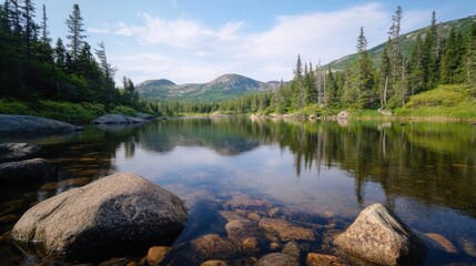 Poster - Serene mountain lake reflecting lush greenery and granite rocks under a bright summer sky, offering a tranquil nature scene. : Generative AI