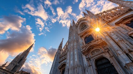 Poster - Sunbeams illuminate the intricate facade of Milan Cathedral, showcasing its gothic architecture and towering spires against a vibrant sunset sky. : Generative AI