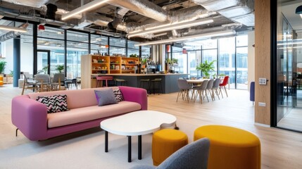Leinwandbilder - Modern office lounge with pink sofa, colorful ottomans, and a communal work table near large windows offering natural light. : Generative AI