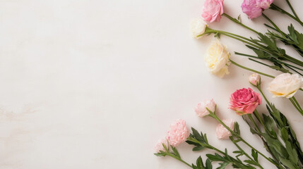 Poster - Pastel Ranunculus Flowers Arranged on a White Background, Creating a Delicate and Airy Floral Border. : Generative AI