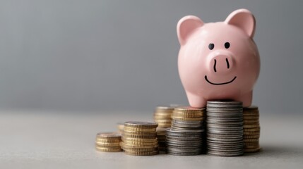 Fototapete - Happy piggy bank sitting atop a growing stack of coins, symbolizing savings and financial growth.  A concept image for financial planning and wealth accumulation. : Generative AI