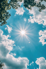 Aufkleber - Bright sunlight rays burst through fluffy white cumulus clouds in a vibrant blue summer sky, framed by lush green tree leaves. : Generative AI