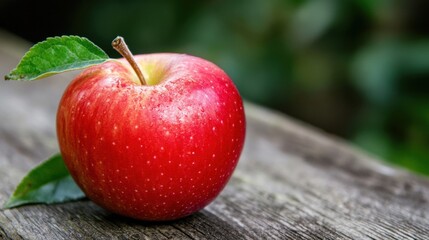 Aufkleber - A single, ripe red apple rests on a weathered wooden surface, a vibrant green leaf attached to its stem, set against a softly blurred green background. : Generative AI