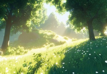 Aufkleber - Sunlit meadow scene with lush green grass, wildflowers, and majestic trees creating a tranquil, idyllic forest landscape. : Generative AI