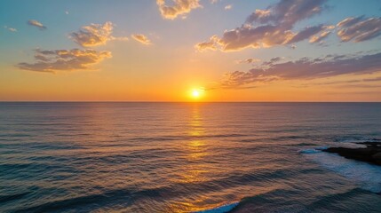 Poster - Stunning sunset over the ocean, with golden hues reflecting on the water's surface and soft clouds painting the sky. : Generative AI