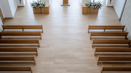 Poster - Wooden pews arranged symmetrically in a minimalist chapel, with light wood flooring and simple flower arrangements on wooden boxes. : Generative AI