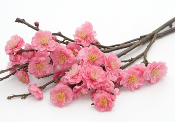 Poster - Delicate pink plum blossoms arranged on a white background, showcasing their intricate details and vibrant color.  The branches create a natural, elegant composition, perfect for sprin : Generative AI