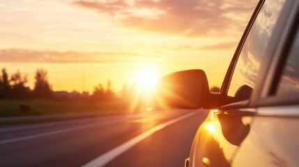 Poster - Sunset road trip: a car's side mirror reflects the golden hour sun, casting a warm glow on the asphalt highway. : Generative AI