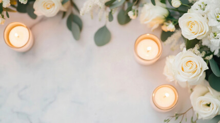 Leinwandbilder - Scenic arrangement of white roses and lit candles on a marble surface, creating a serene and romantic ambiance. : Generative AI