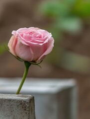 Poster - A single, delicate pink rose blooms, its petals softly unfurling in the gentle light, standing elegantly in a weathered stone container. : Generative AI