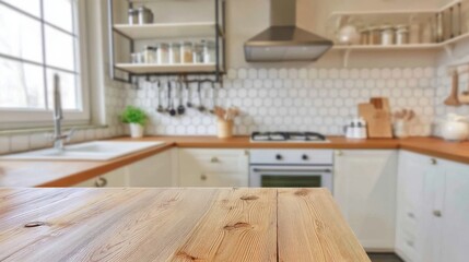 Fototapete - A light wood countertop sits in front of a blurred background featuring a bright, modern kitchen with white cabinets and hexagonal tile backsplash. : Generative AI