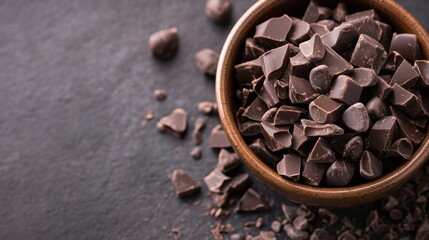 Poster - A rustic brown bowl overflows with dark chocolate chunks, scattered pieces on a dark gray stone surface, creating a rich and decadent scene. : Generative AI