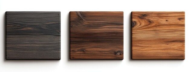 Poster - Three square wooden panels showcasing variations in dark, medium brown, and light brown wood grain textures, ideal for design projects needing rustic or natural elements. : Generative AI