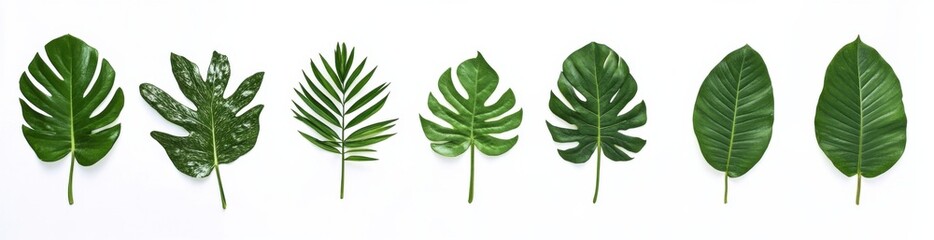 Poster - Seven vibrant green tropical leaves arranged in a row against a clean white background, showcasing diverse textures and shapes. : Generative AI