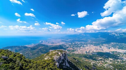 Aufkleber - A panoramic view from a mountaintop reveals a sprawling coastal city nestled between the sea and majestic mountains under a vibrant blue sky dotted with fluffy white clouds. : Generative AI