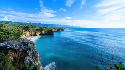 Poster - Stunning coastal view of turquoise ocean meeting dramatic cliffs, lush green vegetation, and a sandy beach under a vibrant blue sky. : Generative AI